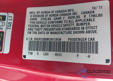 2012 Honda Civic Ex-L из США, поврежденный, VIN 2HGFG3B08CH512658